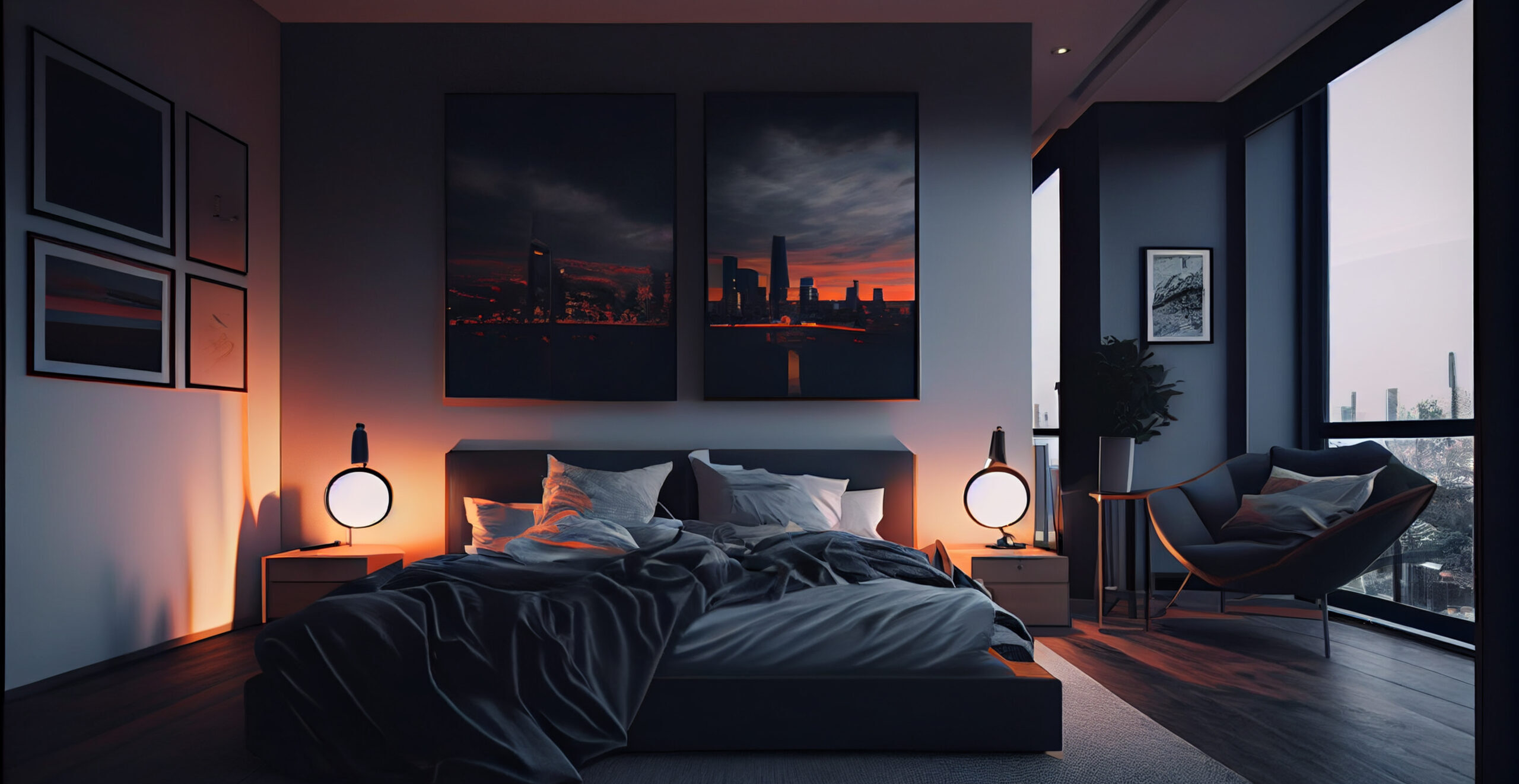 Comfortable modern bedroom with elegant decoration and lighting ,generative artificial intelligence