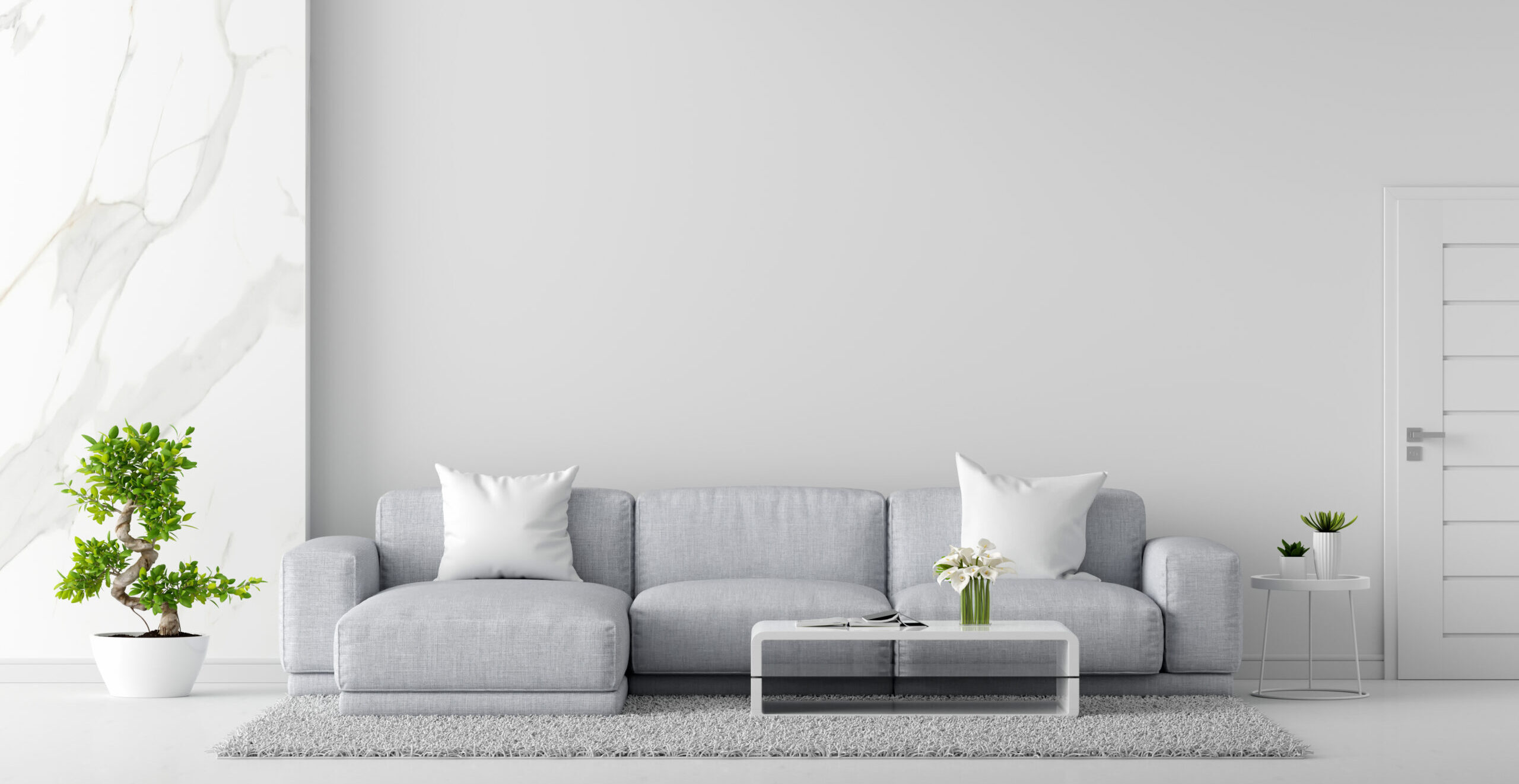 Gray sofa in white living room interior with copy space, 3D rendering