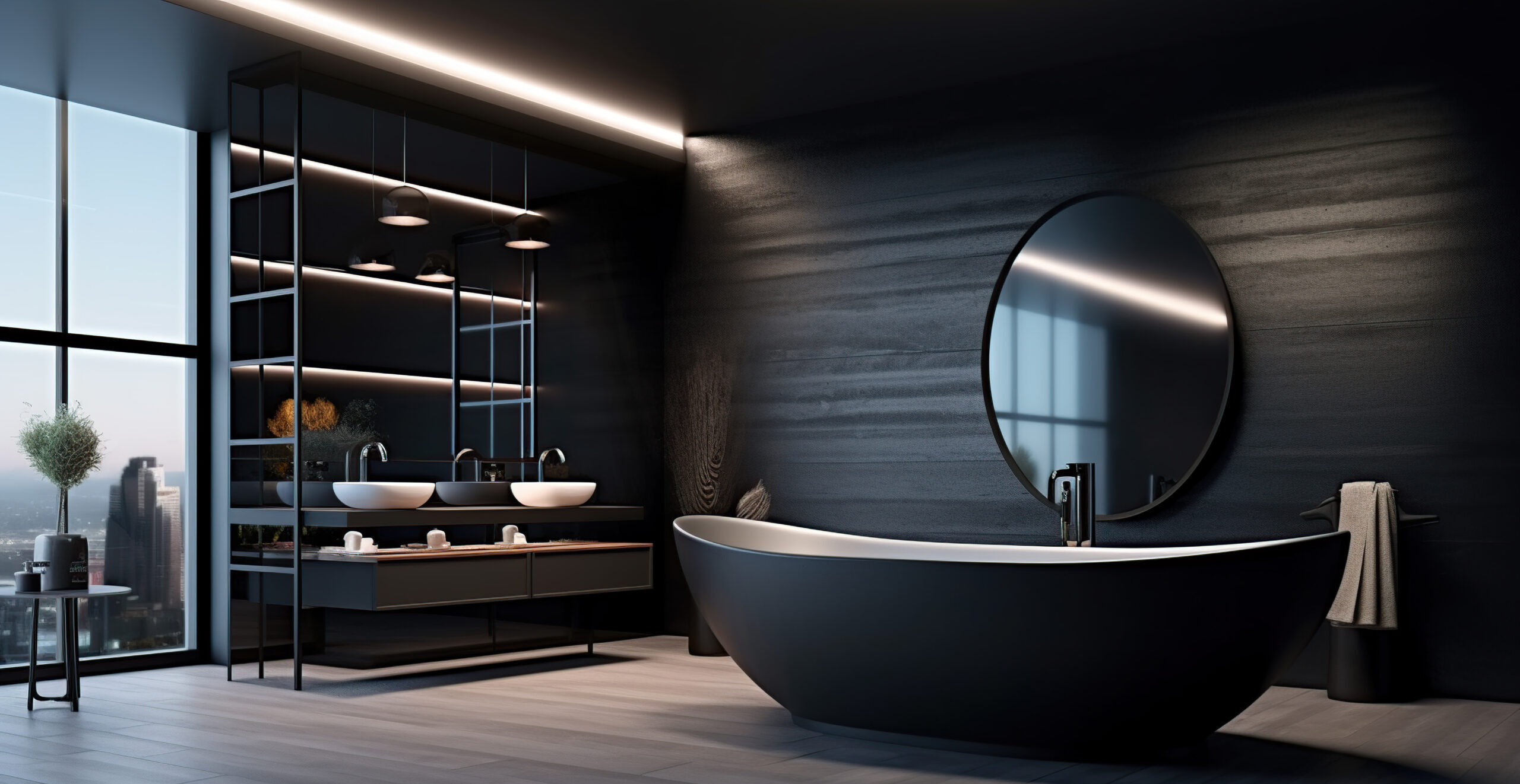 bathroom interior design with matte black bath Generative AI